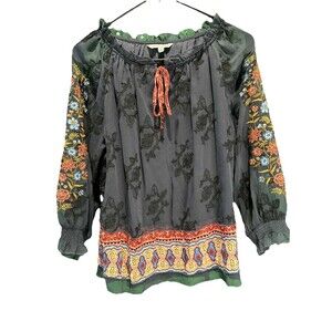 John & Mark Boho Peasant Blouse Blue Floral Embroidered Sheer Sleeve Tassel Hem